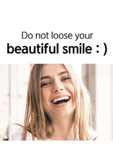 Woman with a beautiful smile with text 'Do not loose your beautiful smile' on a white background