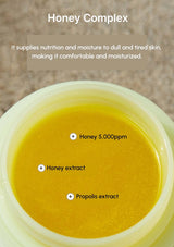 Honey complex with text about its benefits on a textured background