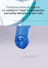 Blue cylindrical container with text about microcapsules on a light gray background