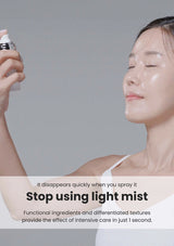 Woman using a spray product on her face with text about its quick effect.