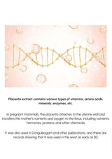 Illustration of a DNA double helix with text about placenta extract on a light pink background.