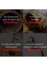 Collage of images with text about old buildings, water pipes, and shower heads.