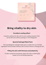 Nuborn Cell hydrogel collagen mask packaging on a pink background with text about its benefits.