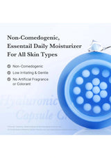 Advertisement for a non-comedogenic daily moisturizer with text and a blue container on a light gray background.