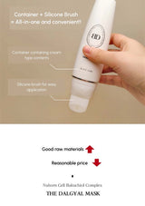 White container with silicone brush held by a hand, labeled as 'The Dalgyal Mask' on a beige background.