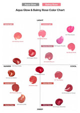 Color chart for Aqua Glow and Balmy Rose with lip color swatches.