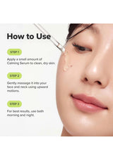 Facial serum application guide with a close-up of a woman's face.
