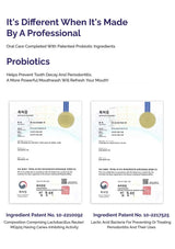 Advertisement for oral care product with probiotic ingredients, featuring patents and text about dental health benefits.