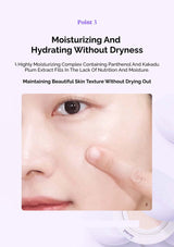 Product packaging with text about moisturizing and hydrating skin, featuring a close-up of skin texture.