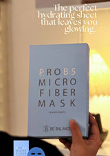 PROB5 Micro Fiber Mask packaging held by a hand with text about hydrating benefits.