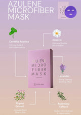 Azulene microfiber mask packaging with botanical extracts on a gradient background