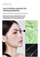 Advertisement for eyelash serum with a woman applying it, extracts, and text about low irritation nutrients.
