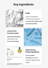 Product label with key ingredients including Kaolin, Lactococcus Ferment Lysate, and SUSU 10 firm Patent Ingredients.