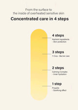 Product packaging with text detailing steps for concentrated care on sensitive skin.
