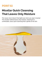 Text about micellar quick cleansing with a close-up of skin and cleansing agent.