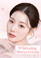 Woman with a soft smile against a pink background with 'Whitening Dress Cream' text.