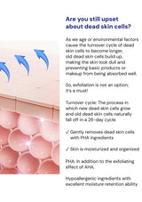 Product packaging with text about skin care and exfoliation, featuring pink spheres and blue arrows.