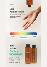 Product packaging with a hand reaching towards it, pH scale, and safety information on a white background.