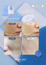 Microfiber mask packaging with 'Before' and 'After' skin comparison on a blue geometric background.
