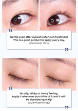 Eyelash extension treatment with user testimonials on a white background