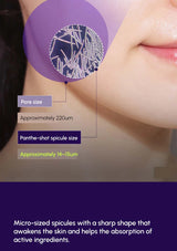 Close-up of skin with text detailing pore size and spicule size, set against a blurred background.