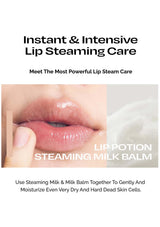 Advertisement for lip steaming care with a close-up of lips and text on a white background.
