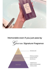 Hand holding a purple bottle of Groom Signature Fragrance with a product description below.