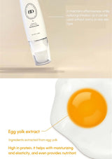 Skincare product with egg yolk extract on a beige background