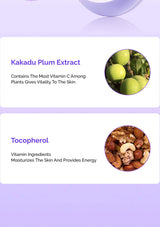 Product packaging with Kakadu Plum Extract and Tocopherol text on a purple background