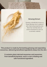 Ginseng root on a white plate with text about ginseng extract and its uses.