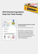 Product packaging with text about patented ingredients for dental health on a white background