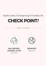 Product feature card with NSF certified material filter and impurities relief on a white background