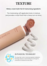 Cosmetic balm with text describing its texture and ingredients on a white background