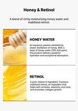 Product description of honey and retinol blend with text and images.