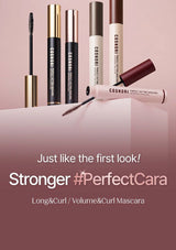 Cosmetology products including mascara on a pink background with text 'Stronger #PerfectCara'.