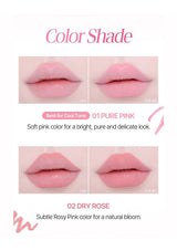 Lip color shade comparison with 'Pure Pink' and 'Dry Rose' on a white background