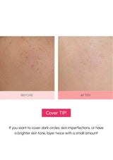 Before and after comparison of skin treatment with text overlay on a white background
