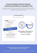 Cosnori Eyelash Nutrient Eyelash Improvement Efficacy Evaluation Test with text and graphics on a light blue background