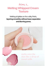 Product packaging with pink cream and text describing its texture and application on skin.