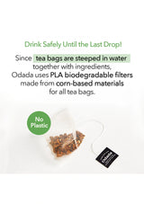 Tea bag with Odada label and text about PLA biodegradable filters on a white background