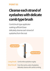 Instructions for cleaning eyelashes with a comb brush type applicator on a beige background.