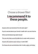 Text advertisement for a shower filter recommending it to various people with specific concerns.
