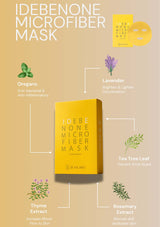 IDEBENONE MICROFIBER MASK packaging with ingredients on a beige background