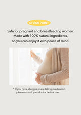 Promotional text about a product being safe for pregnant and breastfeeding women with natural ingredients, featuring an image of a pregnant woman.