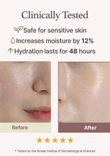 Before and after skin hydration comparison with text on a white background