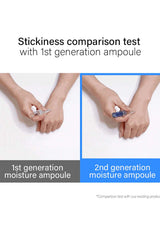 Stickiness comparison test between 1st and 2nd generation moisture ampoules on hands.