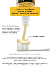 Toothpaste tube with text explaining fluoride benefits and usage guidelines.