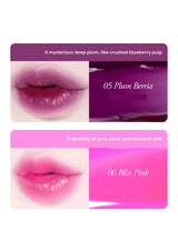 Lip color swatches labeled '05 Plum Berria' and '06 Bliss Pink' on a white background.