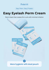 Easy Eyelash Perm Cream packaging with dual pouches on a light blue background
