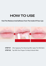 Instructions on how to use a lip balm product with close-up of lips and text.